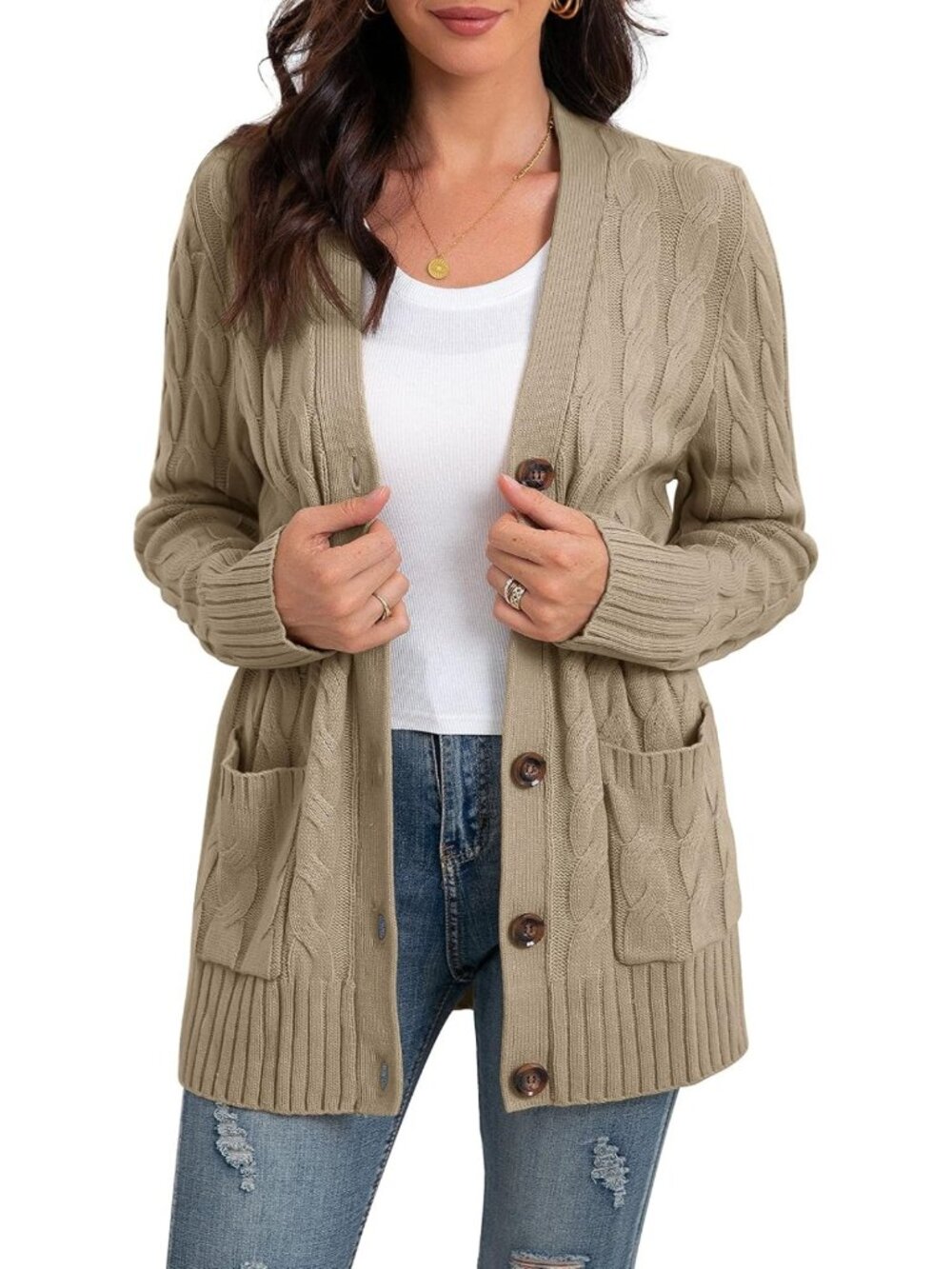 Cozy Long Sleeve Cable Knit Cardigan Sweater with Pockets for Women